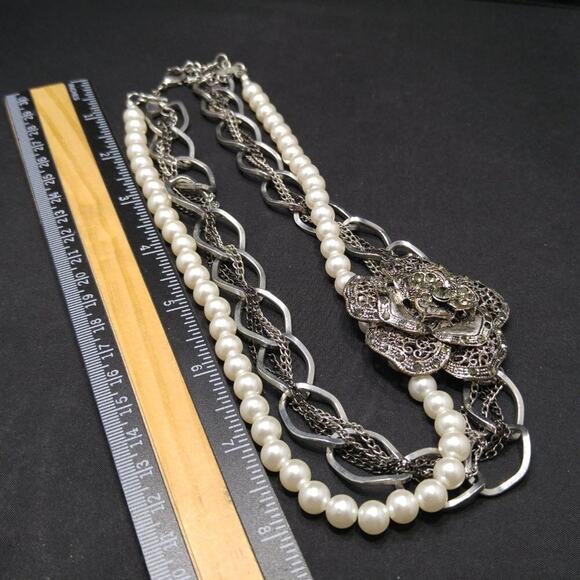 New York & Company Faux Pearl Side Rhinestone Pendant Necklace - Picture 4 of 7